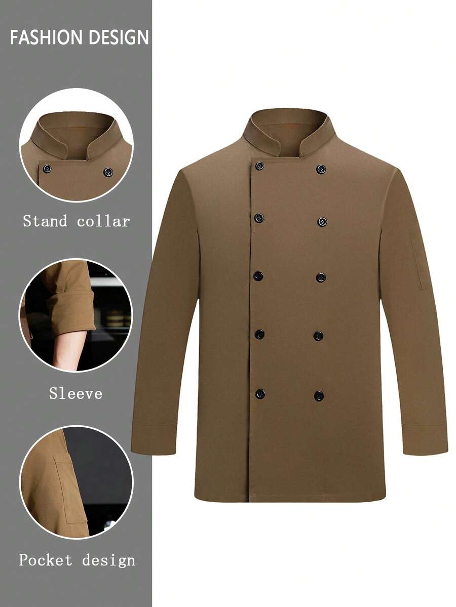 Khaki Long Sleeve Chef Uniform, Skin-Friendly Breathable & Durable, Washable Non-Pilling Non-Shrink, Double-Breasted Design, Available In Small Size, Unisex, Suitable For Cafe, Fast Food, Catering, Bakery, Hotel Kitchen, Restaurant, Cafeteria, Western Restaurant, Autumn/Winter/Spring - Khaki - View 1