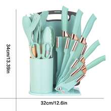 19pcs Premium Silicone Kitchen Utensil & Knife Set - Heat-Resistant, Non-Stick Cooking Tools With Wooden Handles & Chef Knives - Includes Storage Stand - Perfect Gift For Juneteenth - Green - View 3