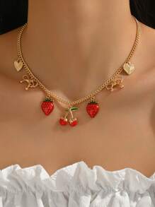 1 Peça Colar de Jóias com Tema de Festa de Frutas de Verão Elegante e Fofo, Cereja Pintada a Ouro DIY Mini, Pimenta Vermelha com Strass, Morango, Decoração de Laço, Adequado para Festa Sexy, Férias, Uso Diário, Presente de Feriado, Designado para Mulheres Charmosas e Personalizadas