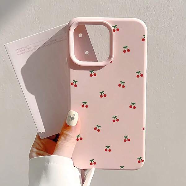 1pc Pink Matte Full Screen Cherry Soft Phone Case, Shock-Proof, Suitable For 7/8 Plus, 14 Pro Max, 13 Series, XS Max, 12 Pro, XR, 11, 13, 15 Pro, 15, 16 Models, Unisex Design