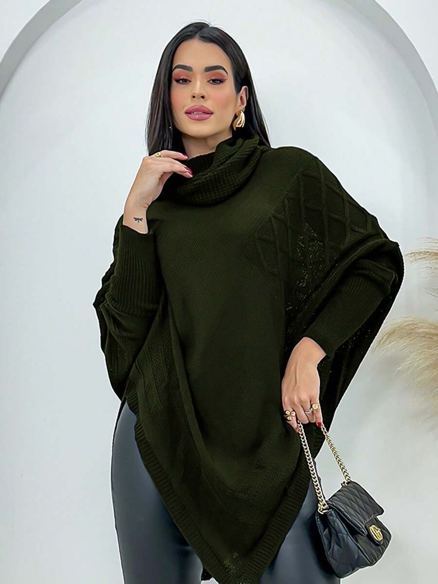 Swisz Women's Winter Poncho Knit Long Sleeve V-Neck Sweater With Scarf - 軍綠色 - 查看 1