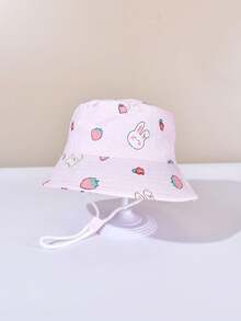 1pc Children's Rabbit & Strawberry Print Cartoon Sun Hat, Adjustable All Season Windproof Bucket Hat For Spring/Summer - Rabbit - View 4