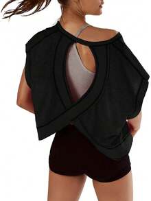 Women Short Sve Workout Shirts Open Back Tops Casual Yoga Y2k Athletic Gym Slouchy Crop Running Tees - Coral - 查看 7
