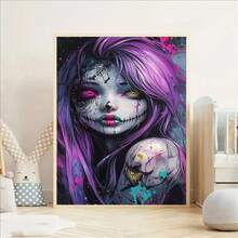 5D 钻石画套装 - 紫色女孩设计，圆形亚克力钻石，适合初学者和工艺爱好者的无框油画艺术，完美的家居装饰礼物