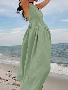 Váy yếm hở lưng buộc dây gợi cảm phong cách nghỉ mát mùa hè kiểu Pháp thanh lịch, váy nghỉ mát phong cách Bohemian sang trọng - màu xanh lá - Xem 9