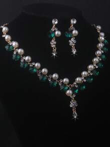 Premium High-End New Purple, Blue, Green Waterdrop Beaded Necklace & Earring Jewelry Set, Suitable For Wedding Dress, Stage Performance, Banquet, Birthday