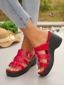 大码女式夏季新款罗马镂空绑带红色鱼鳞纹厚底高跟凉鞋，适合日常穿着、工作、度假，时尚百搭的罗马拖鞋 - 紅色魚鱗紋 - 查看 5