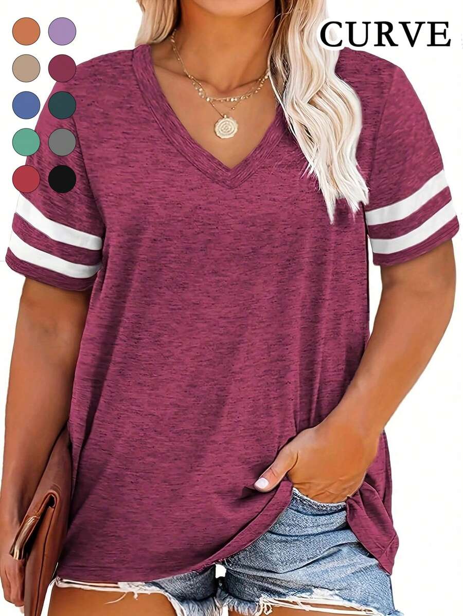Plus Size V Neck Striped Casual Tee T-Shirt - Red Violet - View 1