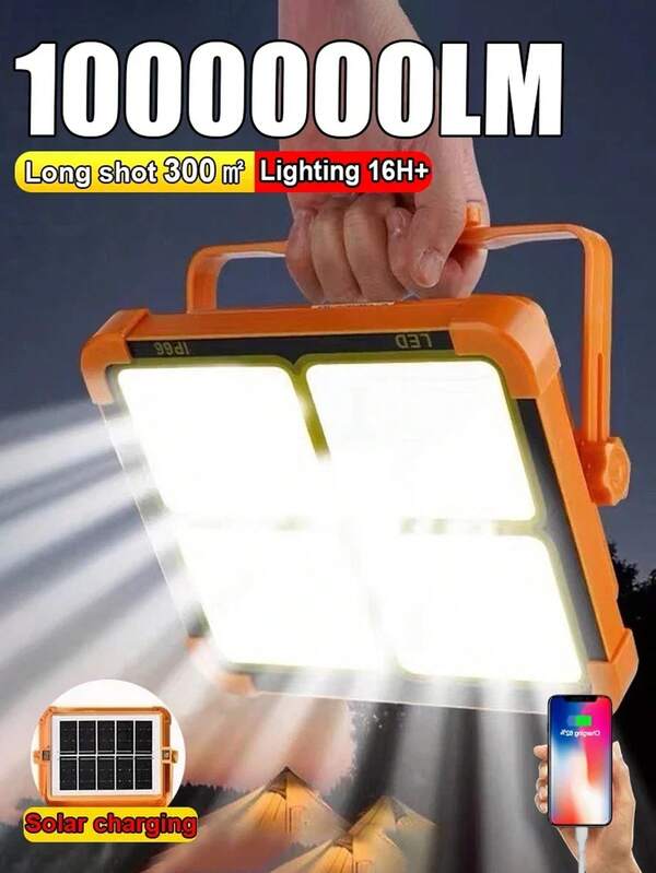 Projecteur solaire portable haute puissance, lampe de camping rechargeable 5 modes d'éclairage, USB rechargeable, étanche, support réglable, facile à installer, très adapté aux situations d'urgence, à l'entretien automobile, au camping extérieur et à l'éclairage des rues