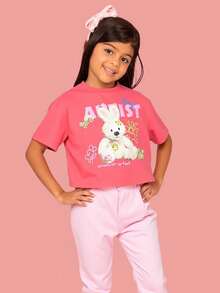 Short-Sleeved Cotton T-Shirt With Rabbit Print For Girls Aged 6 To 16