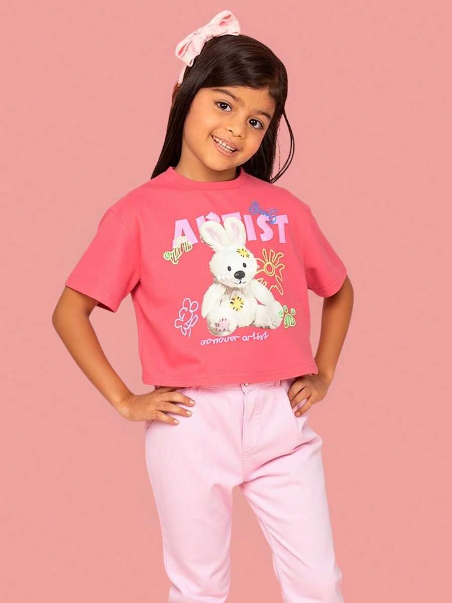 Short-Sleeved Cotton T-Shirt With Rabbit Print For Girls Aged 6 To 16