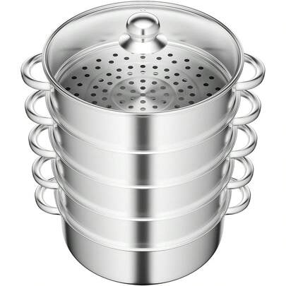 HaroldDol 5 Tier Stainless Steel Steamer Pot 26cm/28cm/30cm Food Steaming Pot With Glass Lid Large Capacity Suitable For Stove Only (28CM)