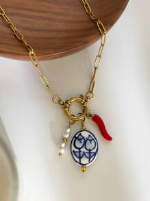 Monlansher Nuova collana con ciondolo in acciaio inossidabile per donna, design alla moda con timone e fibbia rotonda, con ciondoli in ceramica smaltata a forma di peperoncino e finta perla, collana versatile