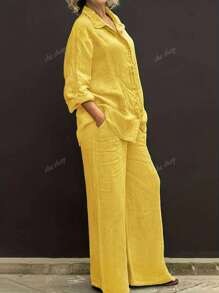 Casual Polo Collar Cardigan & Wide Leg Pants Set, Elegant, Versatile, Slimming, Solid Color Chic Shirt Top, Soft Fabric, Comfortable For Beach Vacation, Daily/Office Commute, Loose Waist Pants, 2 Pieces Outfit