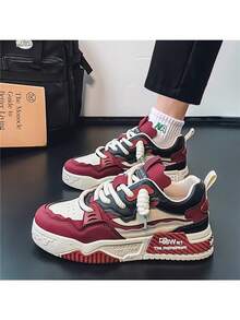 New Men's Casual Niche Low-Top Designed Skateboard Shoes, Versatile Thick Sole Sporty Sneakers, Fashion Color Blocking - Burgundy - View 8