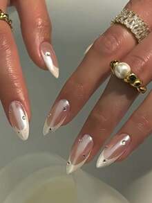 nailrosy 10Pcs Handmade Press On Nails Kit Almond Pink Silver Butterfly Faux Pearl Cat Eye Elegant Minimalist Old Money Japanese Style Modern Korea Style Fresh Design Chic French Style Neutral Classical Creative Glossy Finish Shimmery Ombre Fake Nail Kit Birthday Gift Wedding