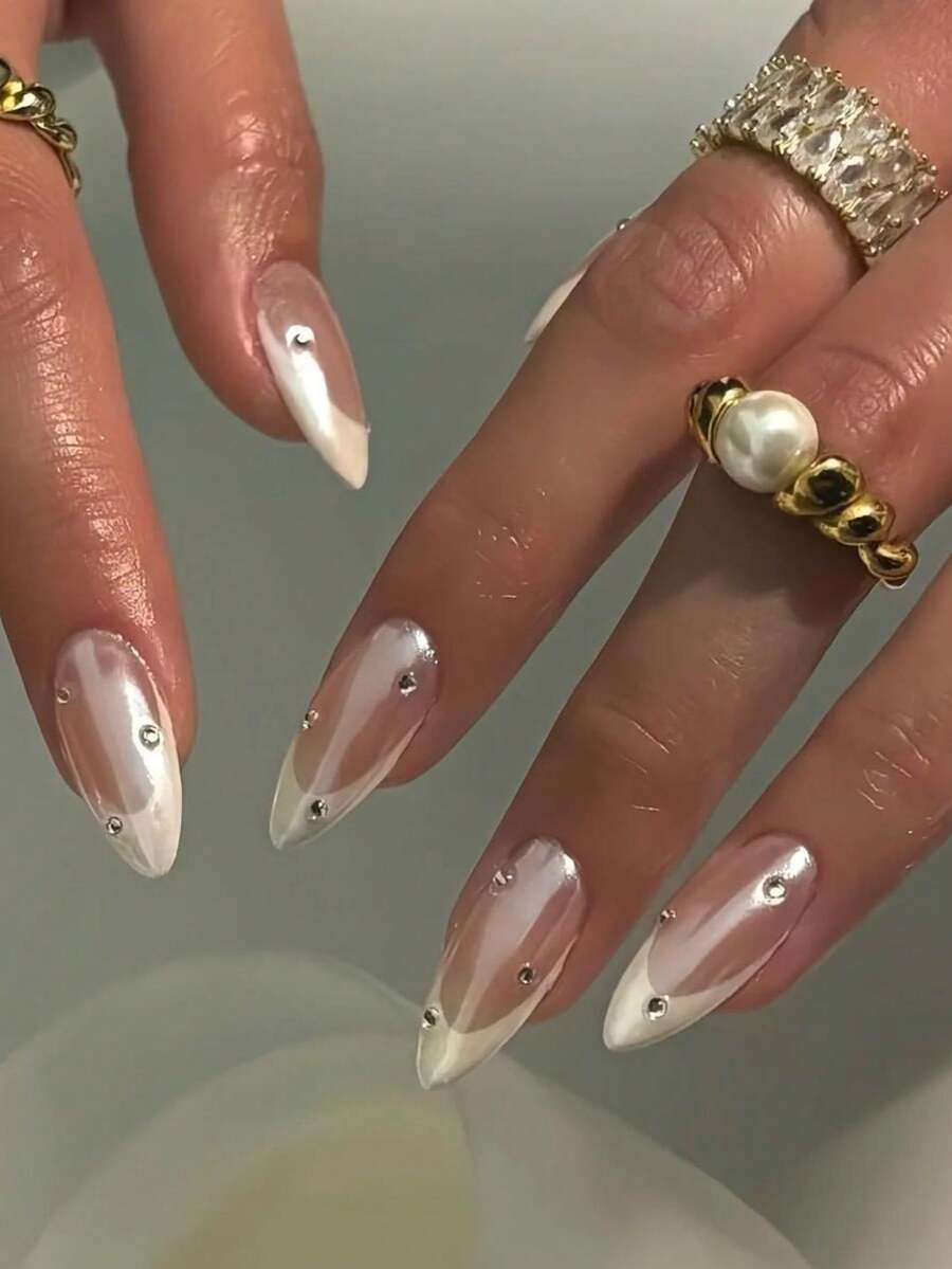 nailrosy 10Pcs Handmade Press On Nails Kit Almond Pink Silver Butterfly Faux Pearl Cat Eye Elegant Minimalist Old Money Japanese Style Modern Korea Style Fresh Design Chic French Style Neutral Classical Creative Glossy Finish Shimmery Ombre Fake Nail Kit Birthday Gift Wedding