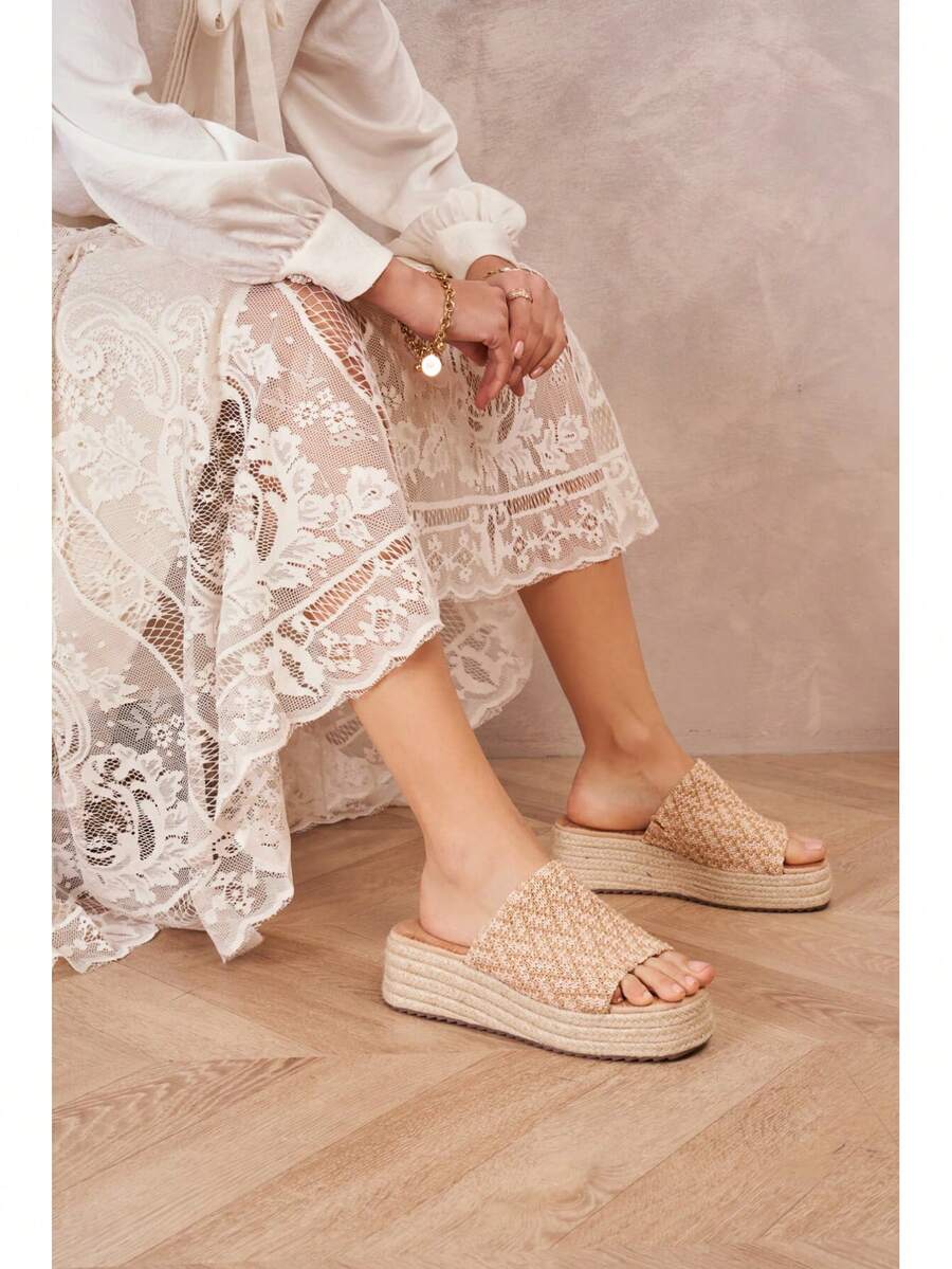 Mules à Plateforme Tressée Avec Semelle Corde Et Motif Tissé Fantaisie - Beige - View 1
