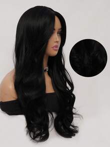 日常黑色长卷发假发 26 英寸蓬松外观透气轻盈中分刘海合成纤维假发女士日常佩戴派对优雅假发音乐节时尚浪漫情人节假发都市时尚假发 - 黑色 - 查看 7