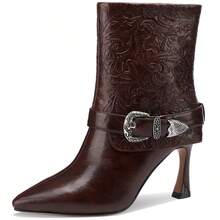 TDD Mid Calf Boots For Women Stiletto Pointed Toe Winter Buckle Extra Wide Calf Botas Para Mujer Dressy Warm Lined Ladies Fashion 3 Inch High Heels