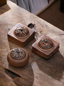 1pc Luxury Vintage Tea Art Zen Style Round Cloud Wood Incense Burner, Walnut Wood Zen Incense Holder With Tray, Suitable For Home Use Or As Gift