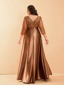 加大码长袖圆领亮片和缎面拼接超长连衣裙，正式、派对礼服、晚礼服、婚礼宾客礼服