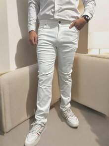 Jeans Blancos de Hombre, Pantalones ajustados para caballero color blanco, rasgados, vaqueros de mezclilla para caballero casuales  Liso  Estilo casual-minimalista  Mezclilla  Bolsillo  Cremallera  Botón - Blanco - Ver 3