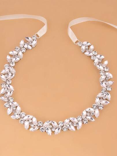 1pc Silver Crystal Bridal Waist Belt With Ivory Ribbon Wedding Gown Sash