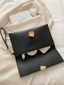 1pc Quilted Flap Closure PU Solid Color Envelope Bag, Fashionable Bright Color Party Clutch Bag, Laser Bright Color Chain Shoulder Bag, Glossy Evening Party Small Square Bag, Suitable For Women To Use For Dating, Party, And Evening Events - Black - View 11