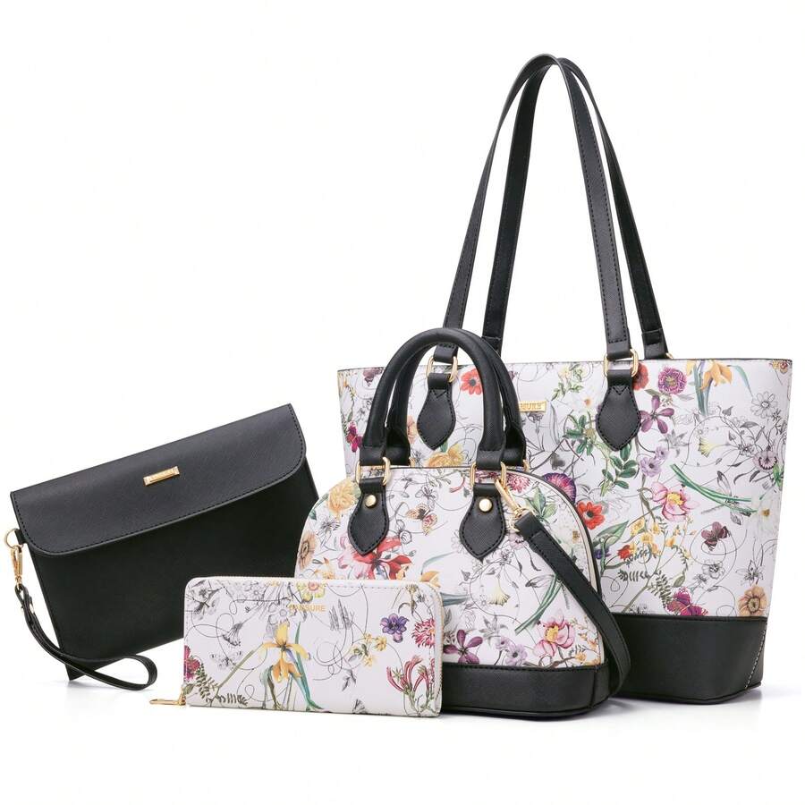 UKEIN 4PCS Women Fashion Handbags Purses Wallet Tote Shoulder Bags Casual Crossbody Bags, Best Valentine's Day Gift For Ladies Girls, Satchel Purse Set 4pcs - 花&黑 - 查看 1