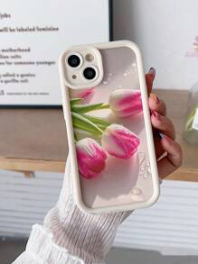Flower Phone Case Tulip Flower Painted Grooved Beige Print Protective Phone Case, Fits & Galaxy Models