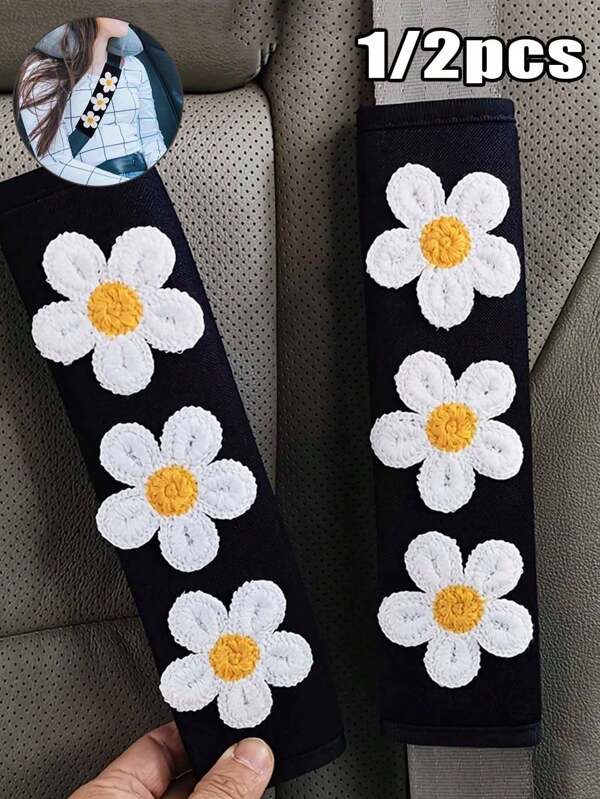 Car Seat Belt Shoulder Protector With Cute Embroidered Daisy White Flower Decoration, Soft Anti Pinch Protective Cover For Cars, Ladies' Goddess Car Interior Decoration, Anti Pinch For Long-Distance Use, Soft And Versatile For All Seasons, Suitable For Girls As A Gift, Mother's Day Gift For Women Storage Organizer Travel Essentials Back To School Dormitory Storage