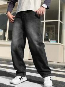 青少年男童复古黑色水洗休闲牛仔裤，美式春秋新款直筒裤，百搭青少年款 - 黑色 - 查看 1