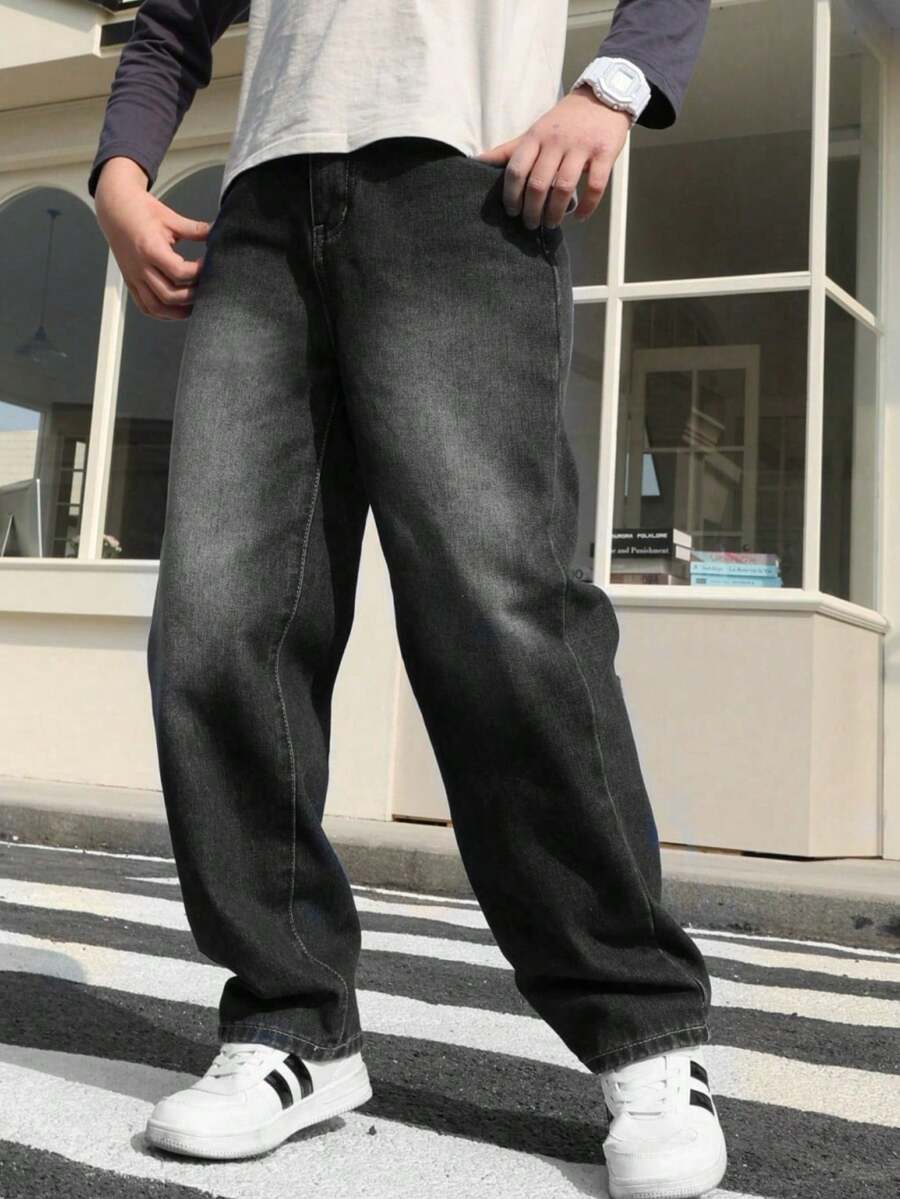 青少年男童复古黑色水洗休闲牛仔裤，美式春秋新款直筒裤，百搭青少年款 - 黑色 - 查看 1