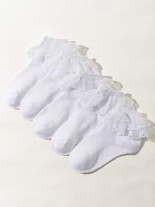 5 Pairs Girls Lace Trim Breathable Mesh Princess Style White Socks, Soft & Comfortable, Fashion , Suitable For Daily Life, Holidays, Parties, Back To School - White - View 8