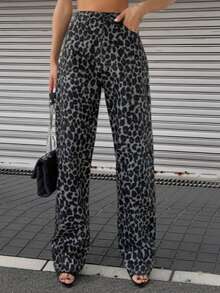 Pantalones vaqueros de mujer con cintura alta y estampado de leopardo, de mezclilla larga, casuales y para uso diario