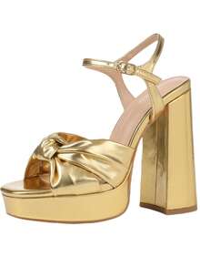 Fashionable Women's High Heel Sandals With Thick Heels And Bow Design, Super High Heels, Square Toe Platform Office Lady Shoes Women's Sandals - 金色 - 查看 2