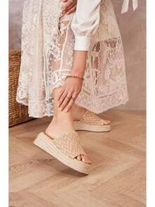 Mules à Plateforme Tressée Avec Semelle Corde Et Motif Tissé Fantaisie - Beige - View 2