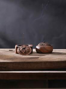 1pc Luxury Vintage Tea Art Zen Style Round Cloud Wood Incense Burner, Walnut Wood Zen Incense Holder With Tray, Suitable For Home Use Or As Gift