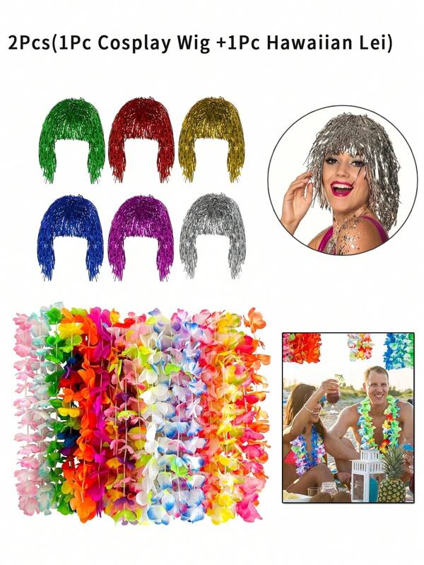 2Pcs Cosplay Wigs And Hawaiian Leis ,Necklace Tropical Luau Hawaii Silk Flower Lei Party Favors, For Disco Makeup Dance Party Wig Glamorous Wig Silky Wig Party Festive Decoration Wig, Adults Birthday Summer Beach Wedding Favor,Christmas, Mother's Day, Graduation