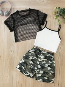 3 Peças/Conjunto Jaqueta de Tule para Meninas + Camiseta Regata com Estampa de Letra + Shorts Esportivos de Camuflagem, Conjunto de Verão