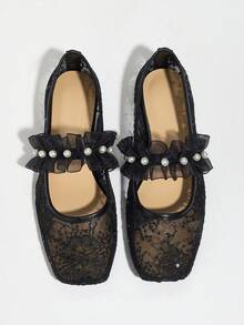 女士黑色平底芭蕾舞鞋，饰有花朵、亮片和刺绣，透气网面，方头设计，珍珠点缀，适合宽脚，玛丽珍款式，夏季款 - 黑色 - 查看 6