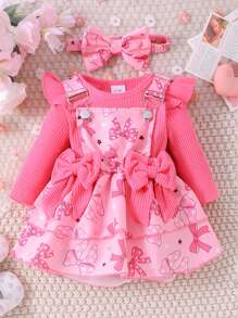 2 Stücke Baby Mädchen elegantes & niedliches Langarm Romper + Lätzchen Kleid Outfit Set, leicht für Frühling & Herbst