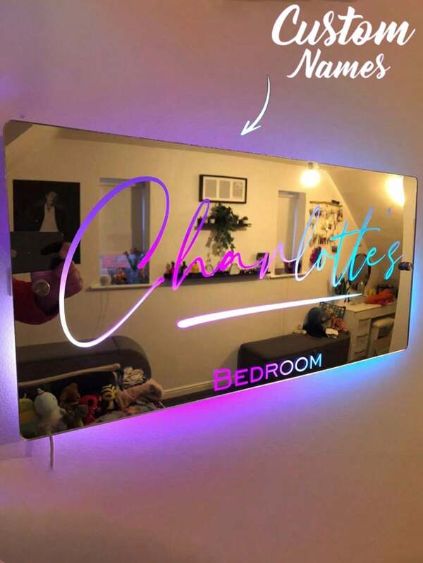 1pc Personalized Name Mirror With LED Light, Customized Lighted Mirror Sign, Personalized Name Mirror Light For Wall, Customized Mirror LED Light, Personalized Name Mirror Light Wall Art For Bedroom, Personalized Name Mirror LED Light Illuminating Bedroom Symbol, Birthday Gift, Home Decor