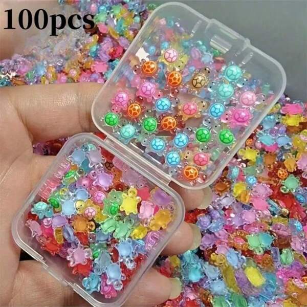 100pcs/200pcs Boxed Party Favors Glow-In-The-Dark Mini Turtle Pendant, Colorful Flat Back Resin Decor, Suitable For DIY Nail Art, Scrapbooking, Wedding Earrings And Jewelry Crafts, Party Gifts, Room Decor, Battery-Free, Turtle Decorations