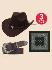 3 Stück/Set Westlicher Cowgirl Anzug für Kinder, Cowboyhut, Bandana, Gürtel für Halloween, Ostern, Cowgirl Kostüm Accessoires