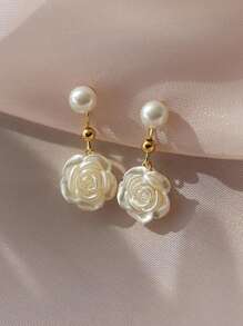 1 par de brincos de pino estilo francês retrô com rosas brancas e pérolas artificiais, adequados para uso diário feminino