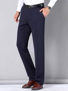 Verano sección delgada suelta recta de los hombres de negocios pantalones casuales con bolsillos, no de hierro recta de los hombres pantalones casuales pantalones pantalones de traje, adecuado para papá, novio regalo - Azul Marino - Ver 2