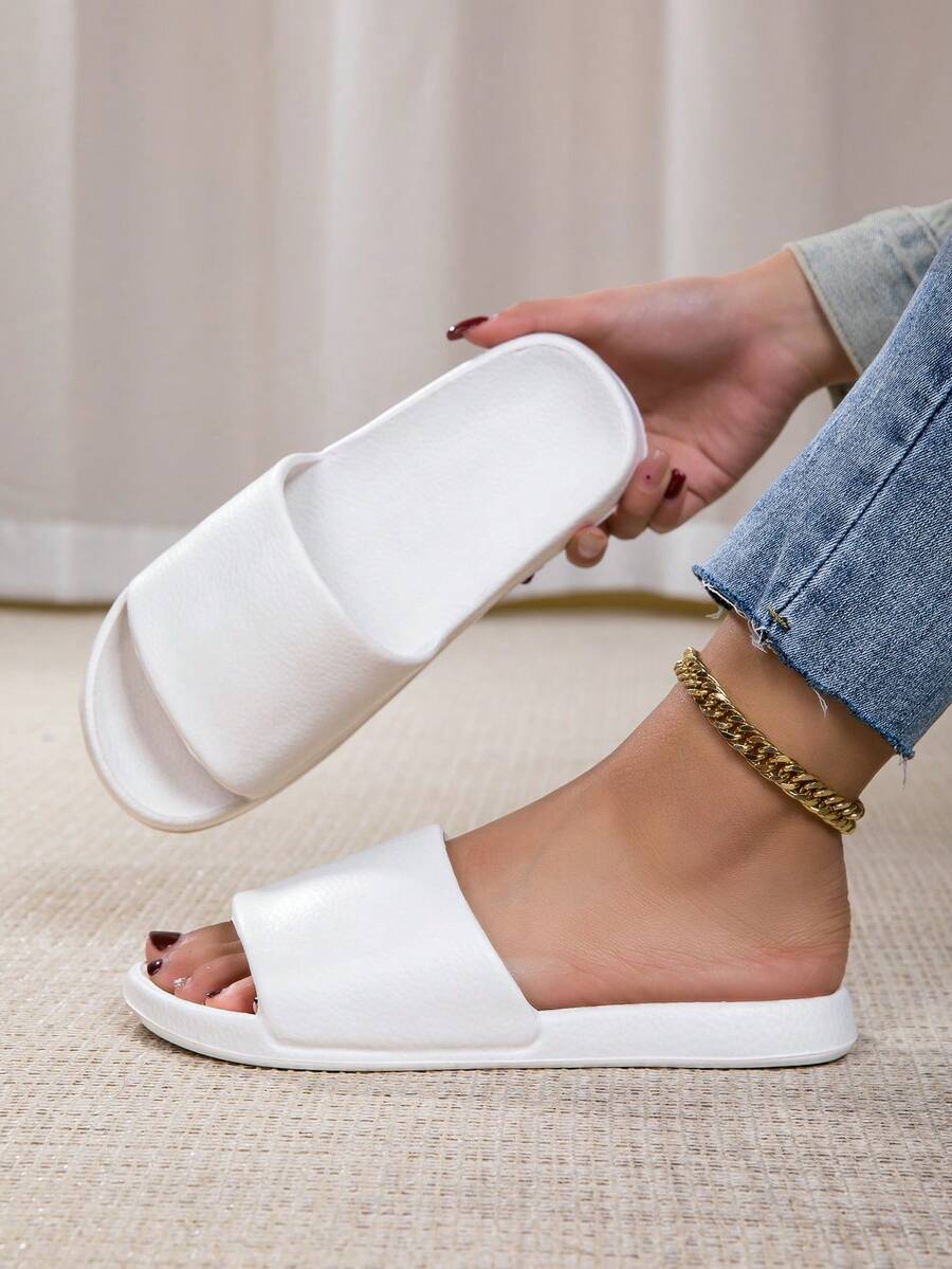 女士简约EVA浴室防滑拖鞋，耐磨白色速干休闲凉鞋 - 白色 - 查看 1