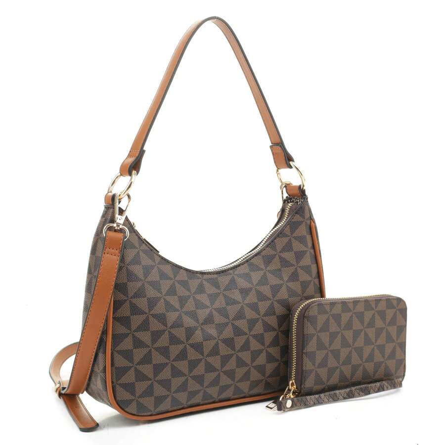 2-In-1 Elegant Designer Shoulder Bag & Wallet Set – Fashionable Crossbody Convertible Purse With Adjustable Strap, Perfect For Day-To-Night Style - Brown - View 1